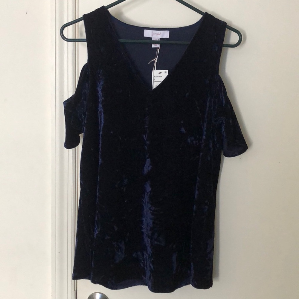 NWT Scripted Cold Shoulder Velvet Top Navy Blue